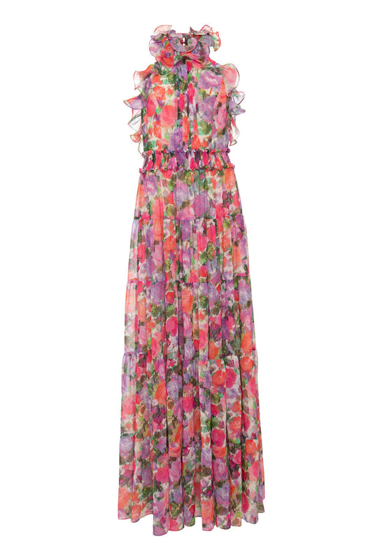 VESTIDO LONGO FRENTE ÚNICA COTTON FLOWERS PINK