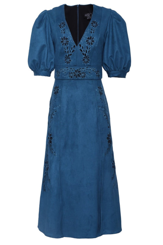 Vestido midi bordado vazado nobu
 azul
