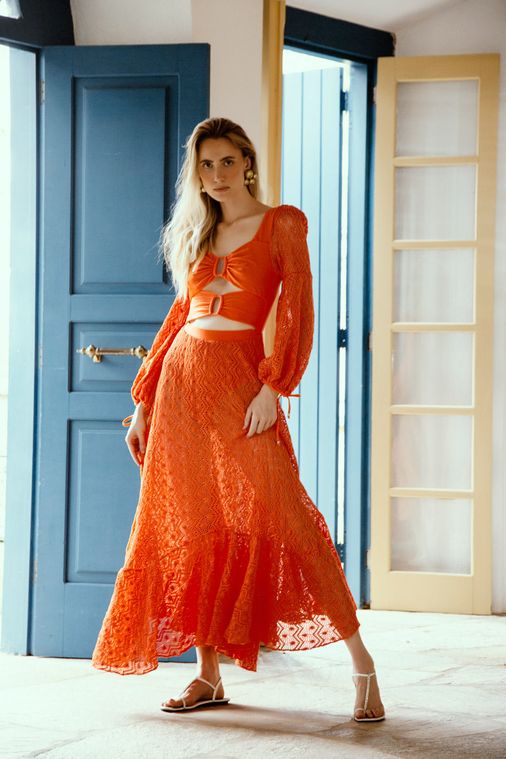 VESTIDO LONGO MANGA TELA
 LARANJA