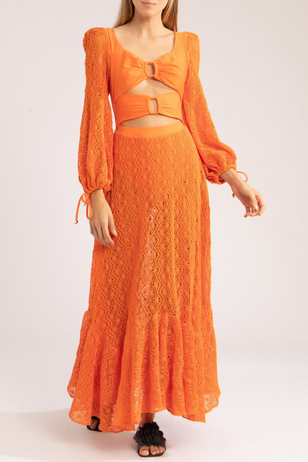 VESTIDO LONGO MANGA TELA
 LARANJA