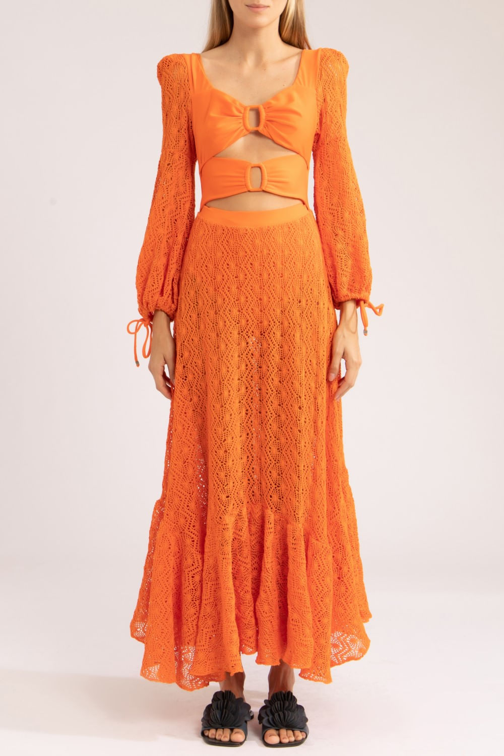 VESTIDO LONGO MANGA TELA
 LARANJA