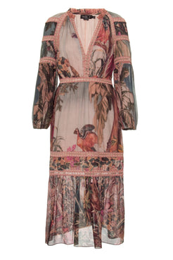 Vestido midi manga vintage macaw
 rosa