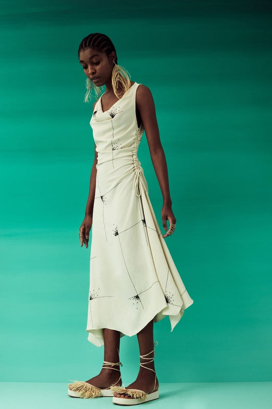 VESTIDO MÍDI ASSIMÉTRICO DECOTE DEGAGÊ - AP03 AVEIA