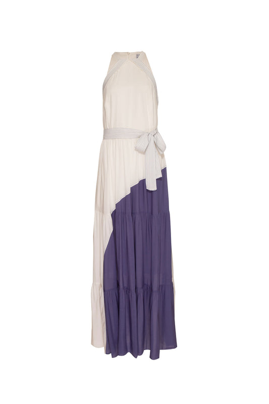 VESTIDO MÍDI PREGAS BICOLOR - AP03 OFF E AZUL