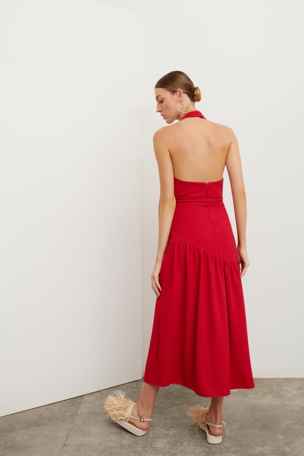 VESTIDO MÍDI BABADO FRENTE ÚNICA  VERMELHO