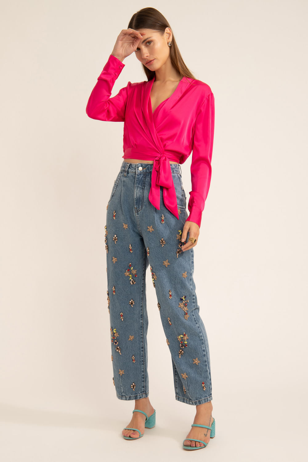 CALÇA RETA PEDRARIA UPSCALE DENIM AZUL