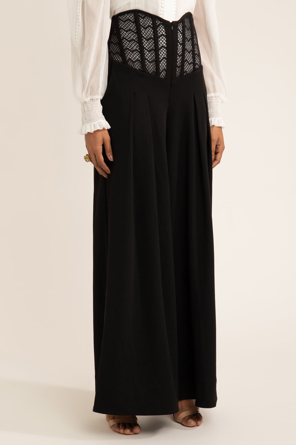 CALÇA COM CORSET DE CREPE E TELA PRETO