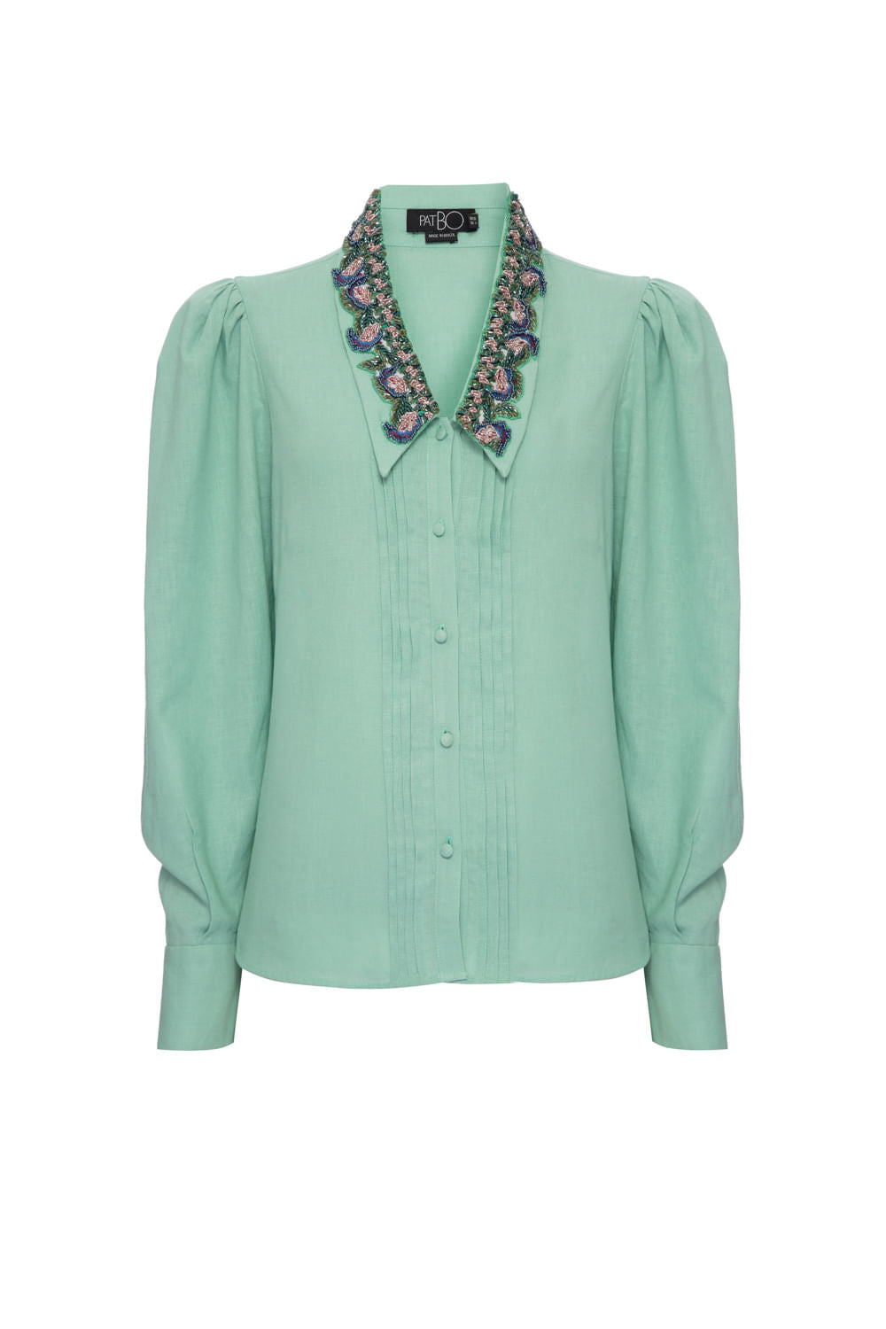 Camisa linho gola bordada verde