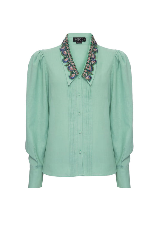 Camisa linho gola bordada verde