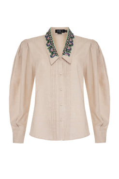 CAMISA LINHO GOLA BORDADA NATURAL