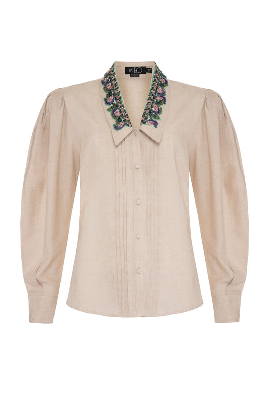 CAMISA LINHO GOLA BORDADA NATURAL