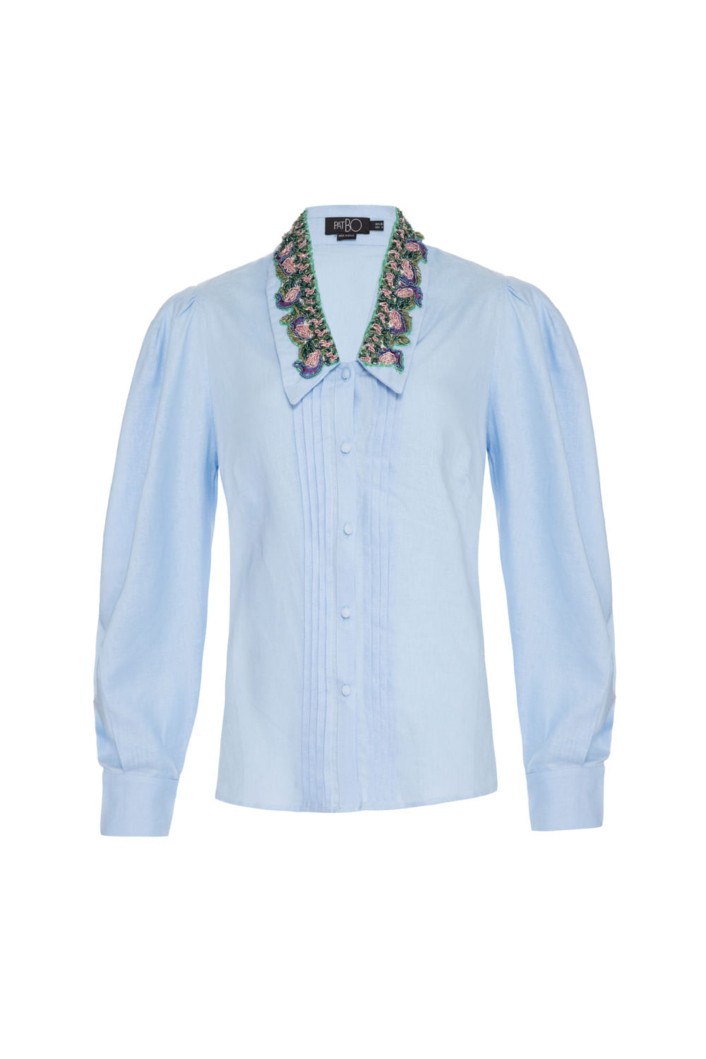 Camisa linho gola bordada azul