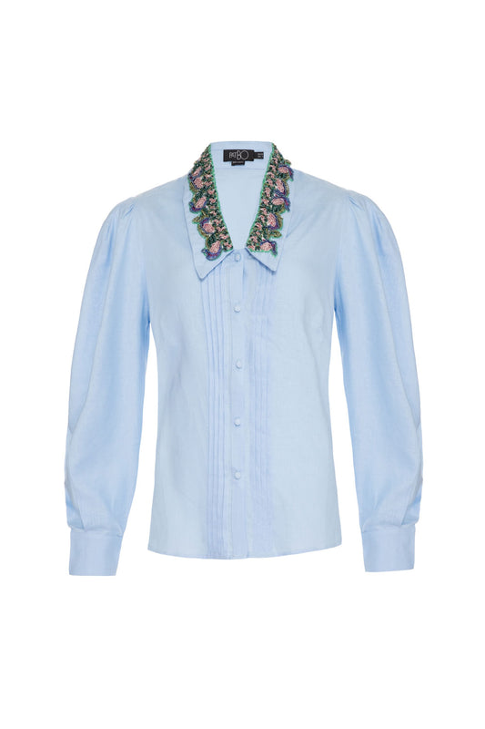 Camisa linho gola bordada azul
