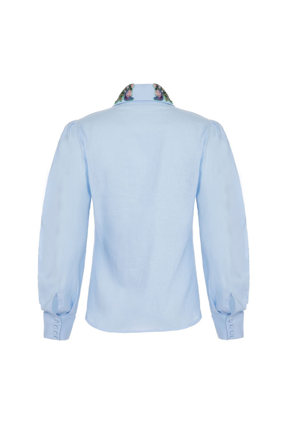 Camisa linho gola bordada azul