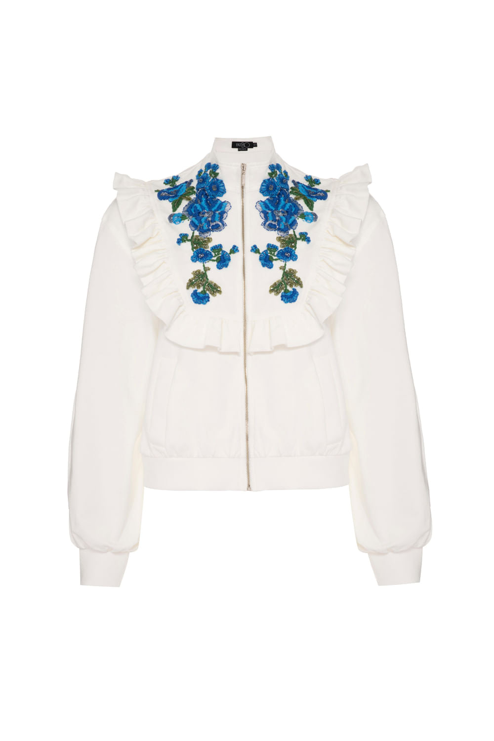 Casaco bordado babado zíper off white