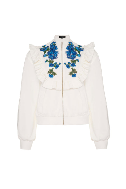 Casaco bordado babado zíper off white