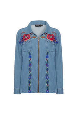 Jaqueta bordada zÃ­per upscale denim azul