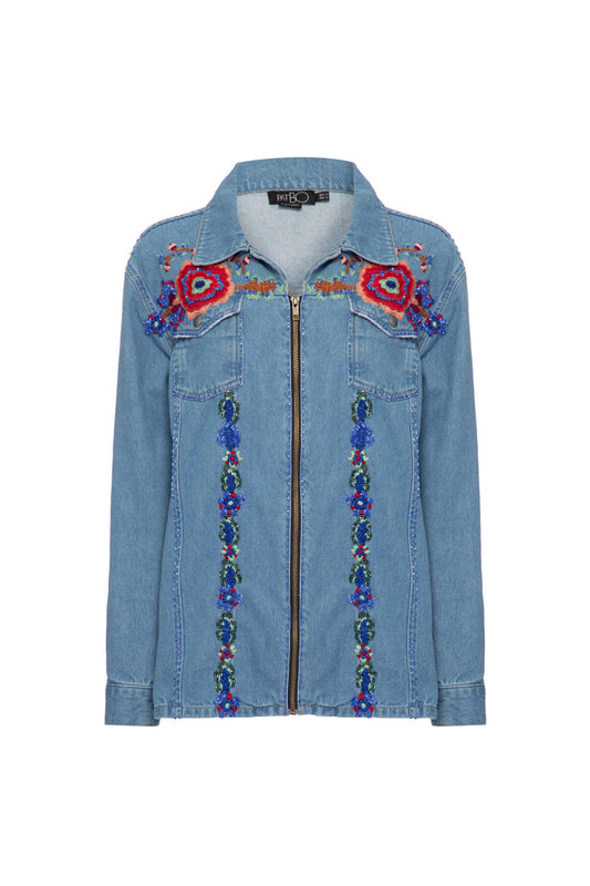 JAQUETA BORDADA ZÍPER UPSCALE DENIM AZUL