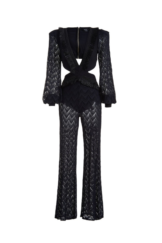 MACACÃO FRINGE TRIM CUTOUT PRETO