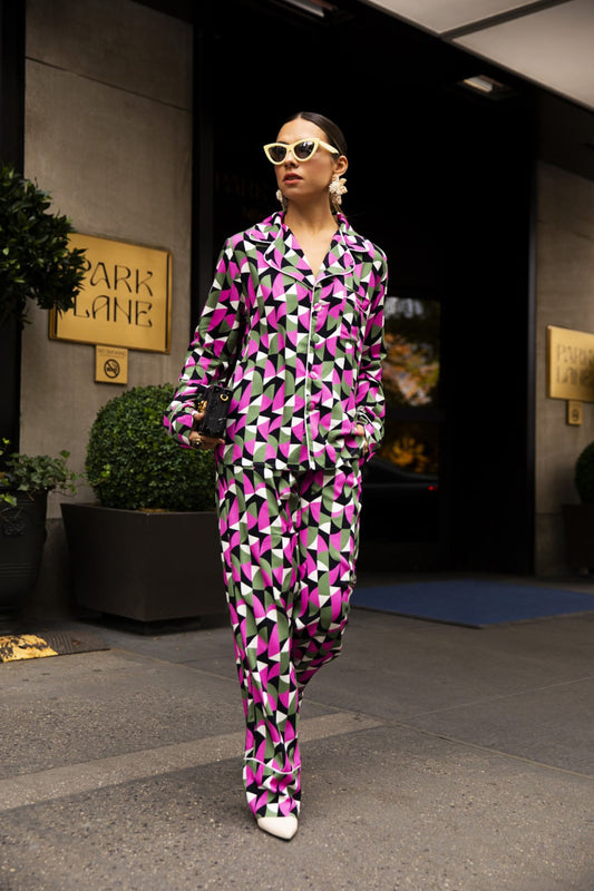 PIJAMA LONGO GEOMÉTRICO ZELLIJ KADU DANTAS VERDE COM PINK