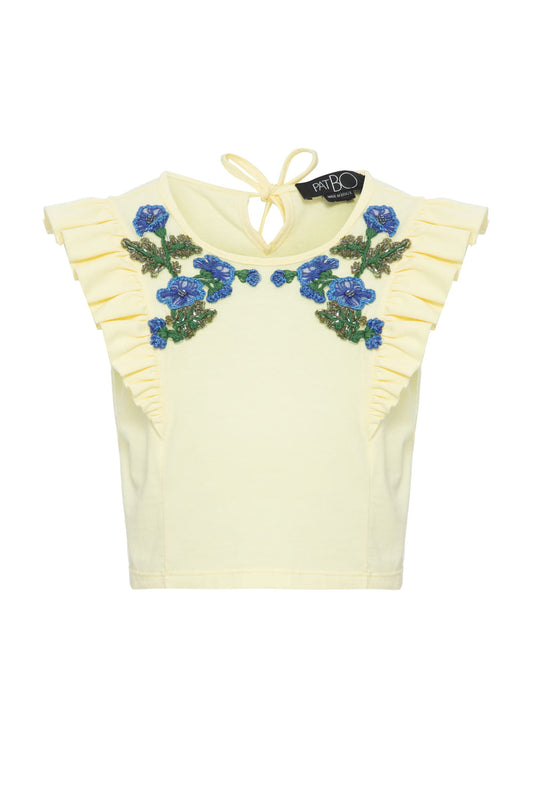 T-shirt infantil bordada babado amarelo