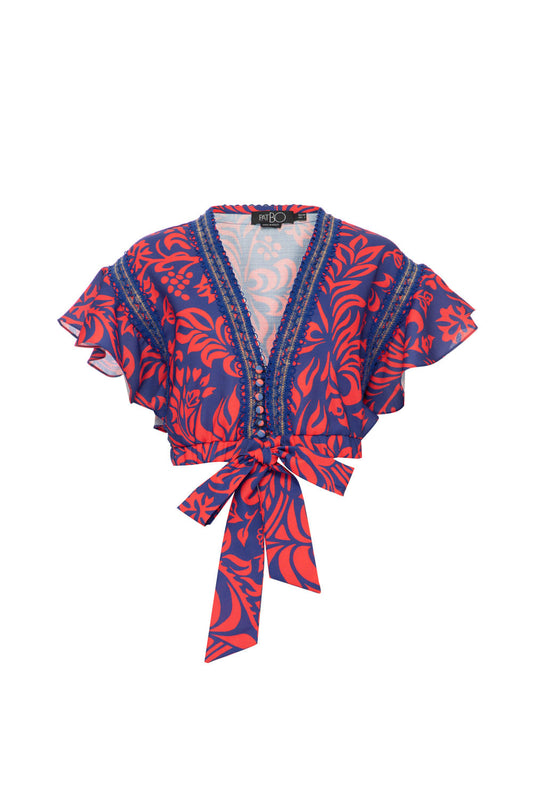 TOP CROPPED AMARRAÇÃO TROPICAL GRÁFICO AZUL