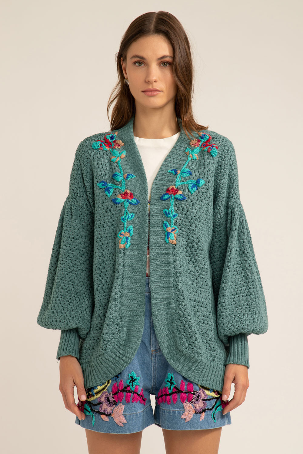 CARDIGAN ABERTO BORDADO TRICOT GYPSY VERDE