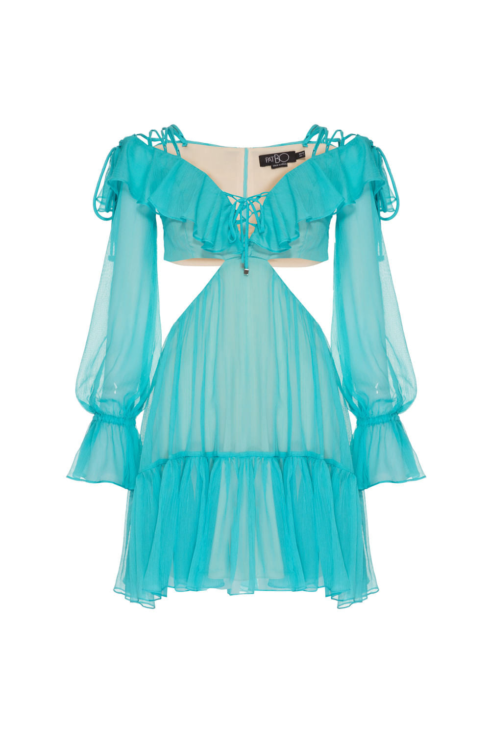 VESTIDO CURTO RECORTES SILKY PLISSÊ AZUL TURQUESA