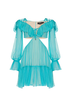 VESTIDO CURTO RECORTES SILKY PLISSÊ AZUL TURQUESA