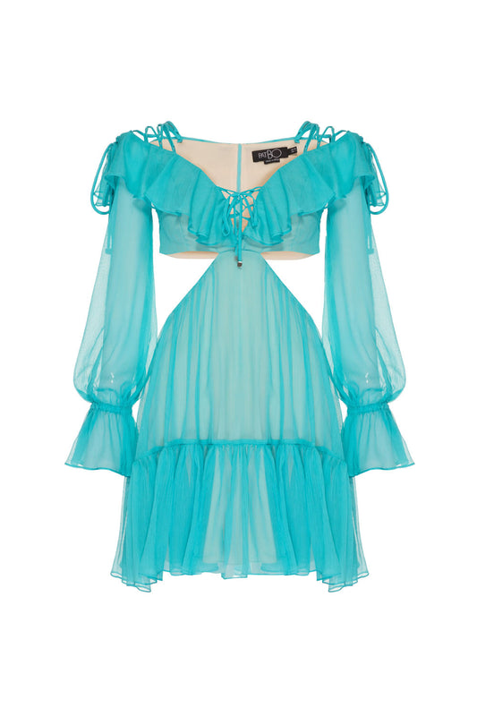 VESTIDO CURTO RECORTES SILKY PLISSÊ AZUL TURQUESA