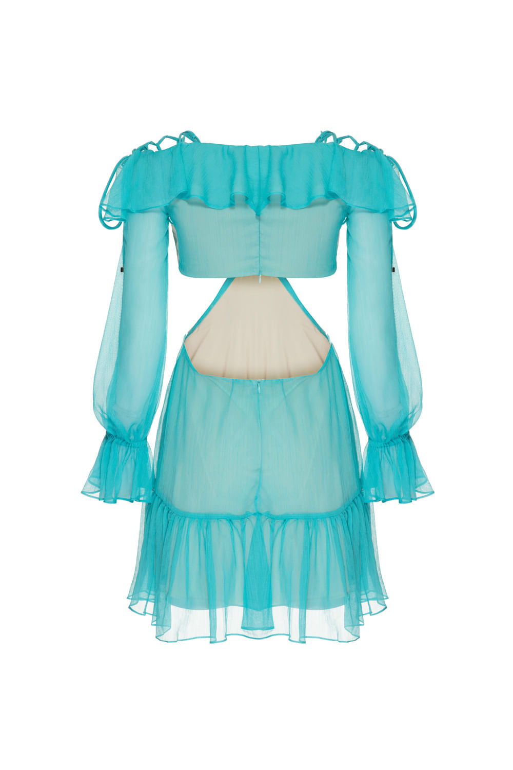 VESTIDO CURTO RECORTES SILKY PLISSÊ AZUL TURQUESA