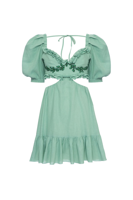 VESTIDO CURTO BABADO LINHO VERDE
