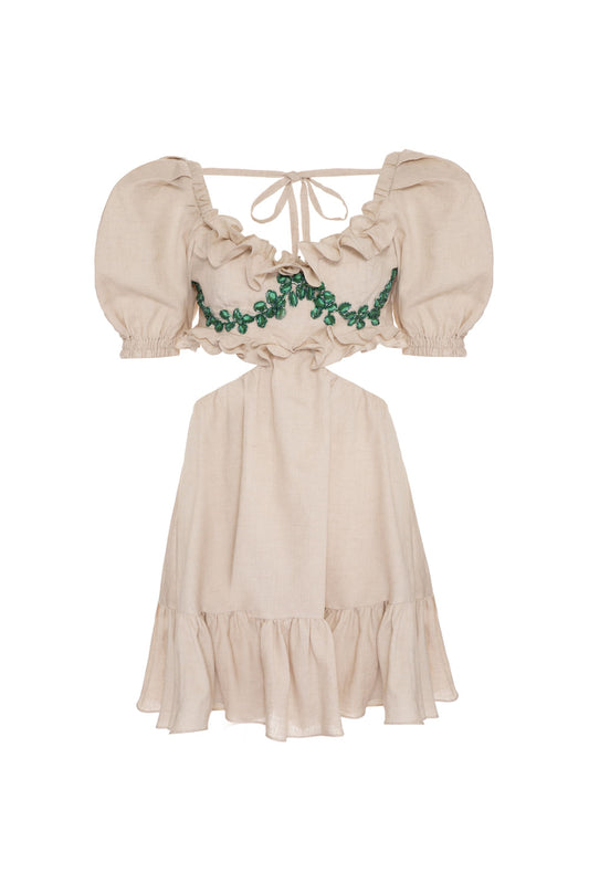 VESTIDO CURTO BABADO LINHO NATURAL