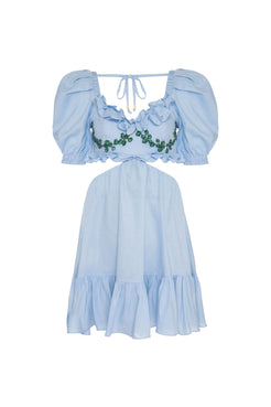 VESTIDO CURTO BABADO LINHO AZUL