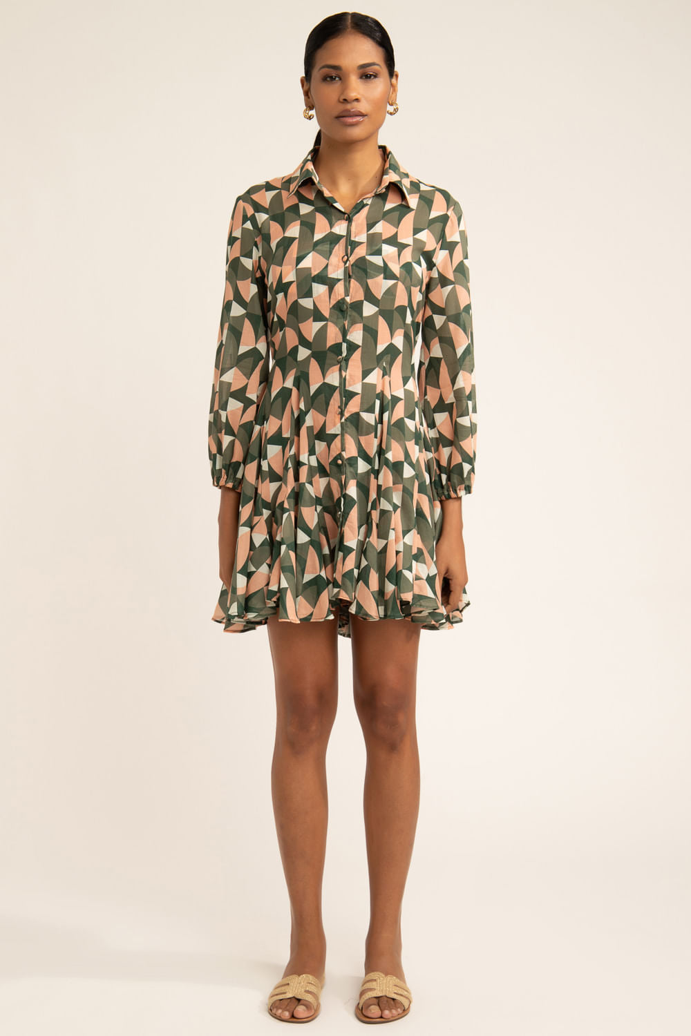 VESTIDO CURTO BOTÕES GEOMÉTRICO ZELLIJ VERDE