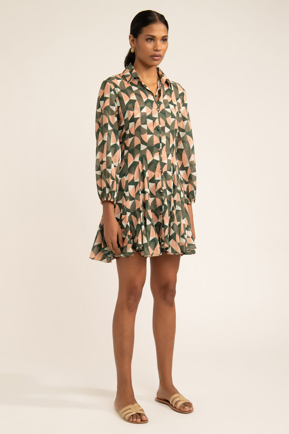 VESTIDO CURTO BOTÕES GEOMÉTRICO ZELLIJ VERDE