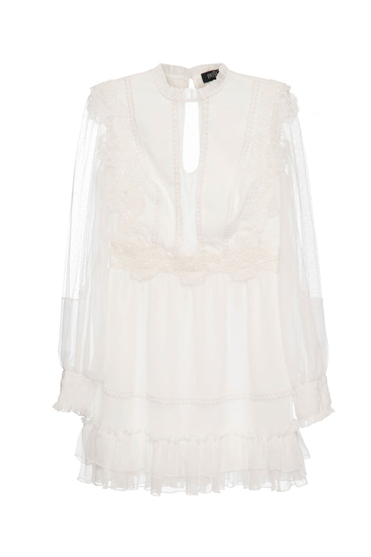 VESTIDO CURTO TULE POÁ SILKY PLISSÊ OFF WHITE