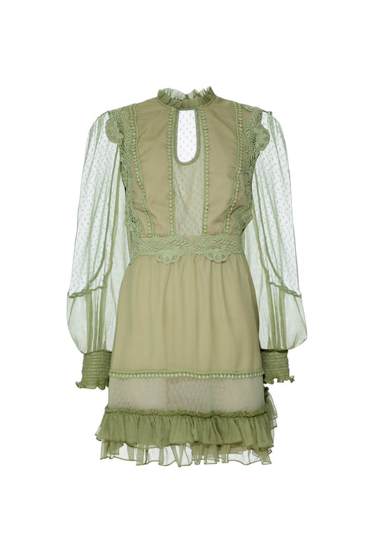 VESTIDO CURTO TULE POÁ SILKY PLISSÊ VERDE