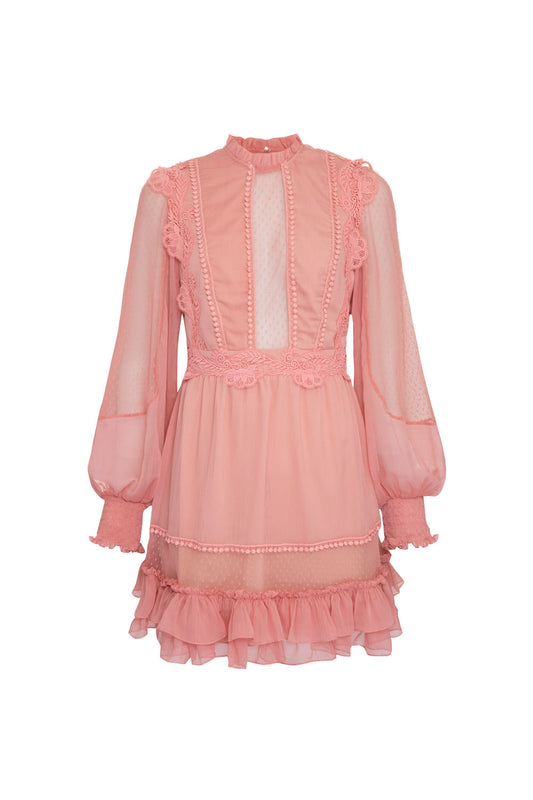 Vestido curto tule poá silky plissê rosa