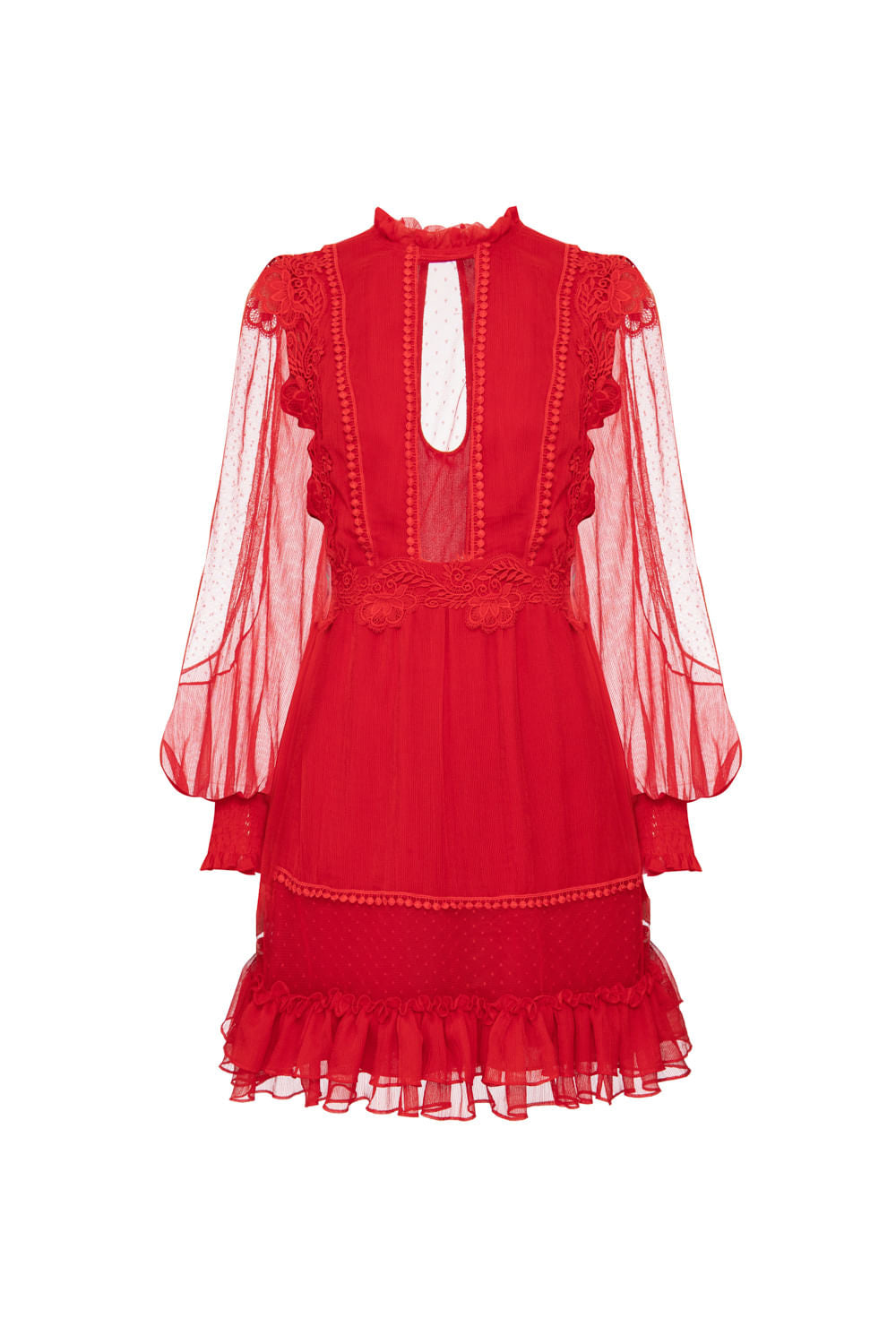 VESTIDO CURTO TULE POÁ SILKY PLISSÊ VERMELHO
