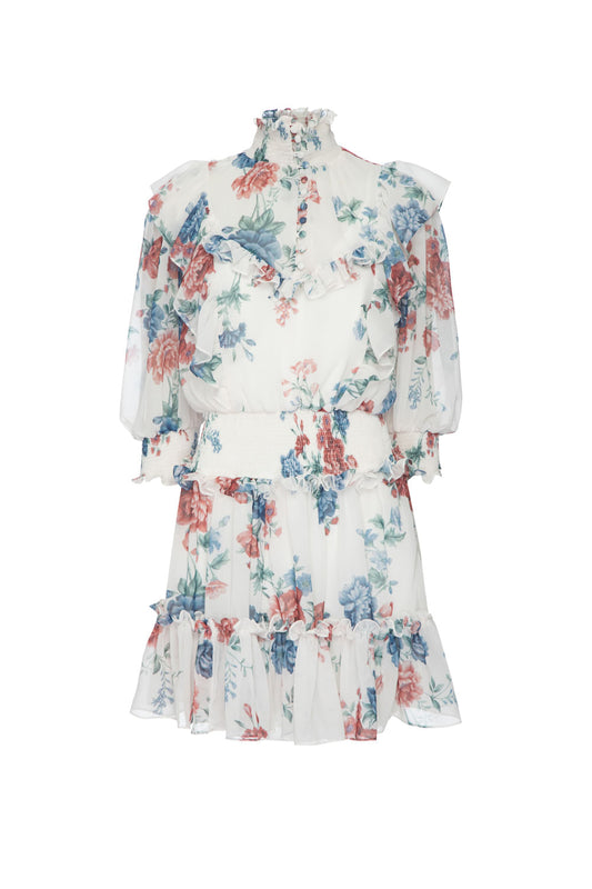 VESTIDO CURTO BABADO FLORAL OLGA OFF WHITE