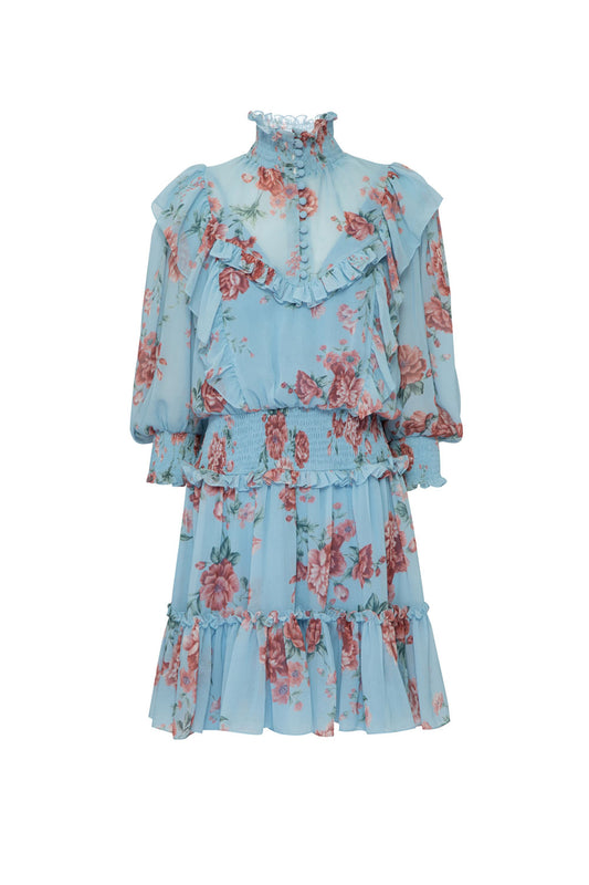 VESTIDO CURTO BABADO FLORAL OLGA AZUL