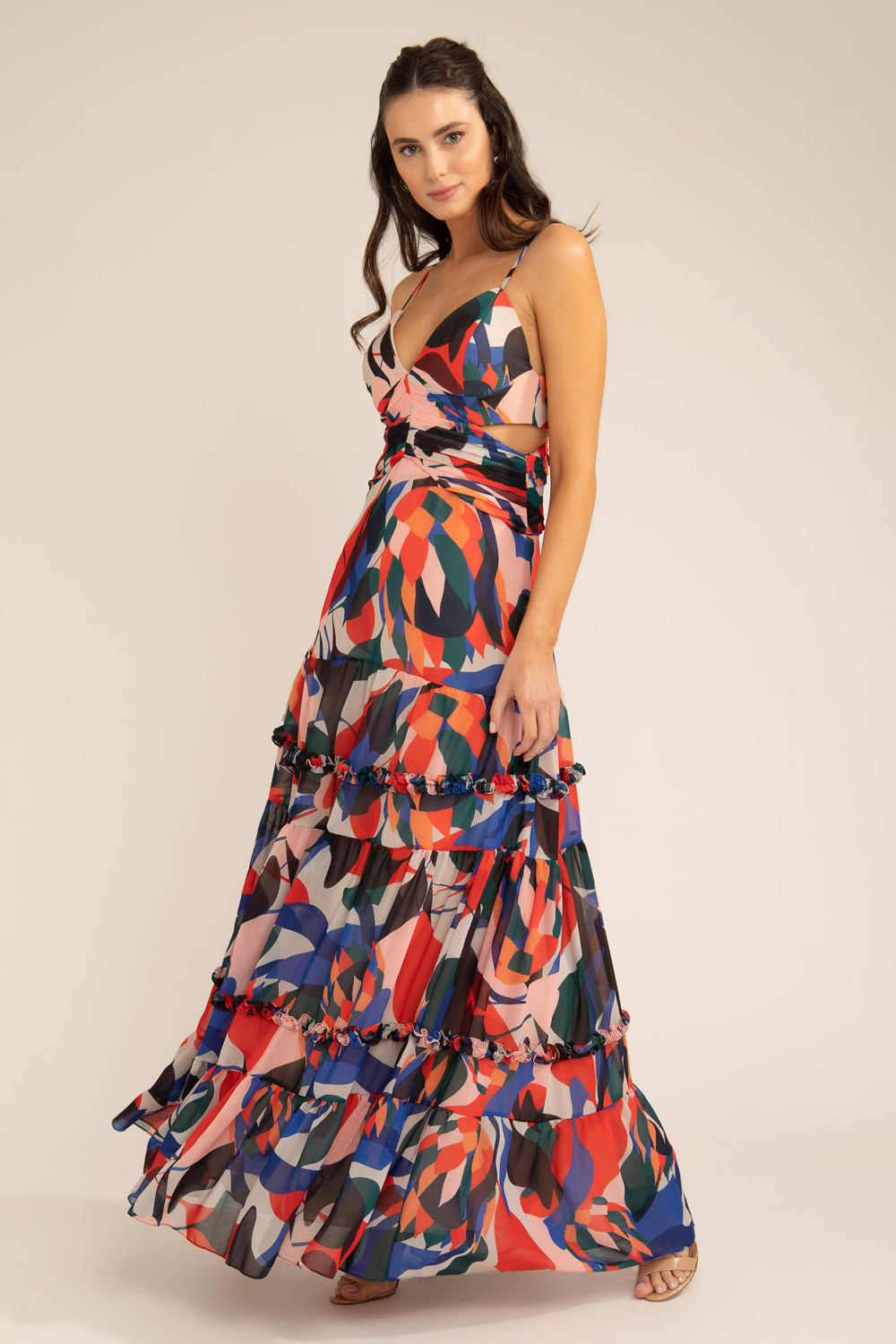 VESTIDO LONGO PREGAS  PROTEA VERMELHO