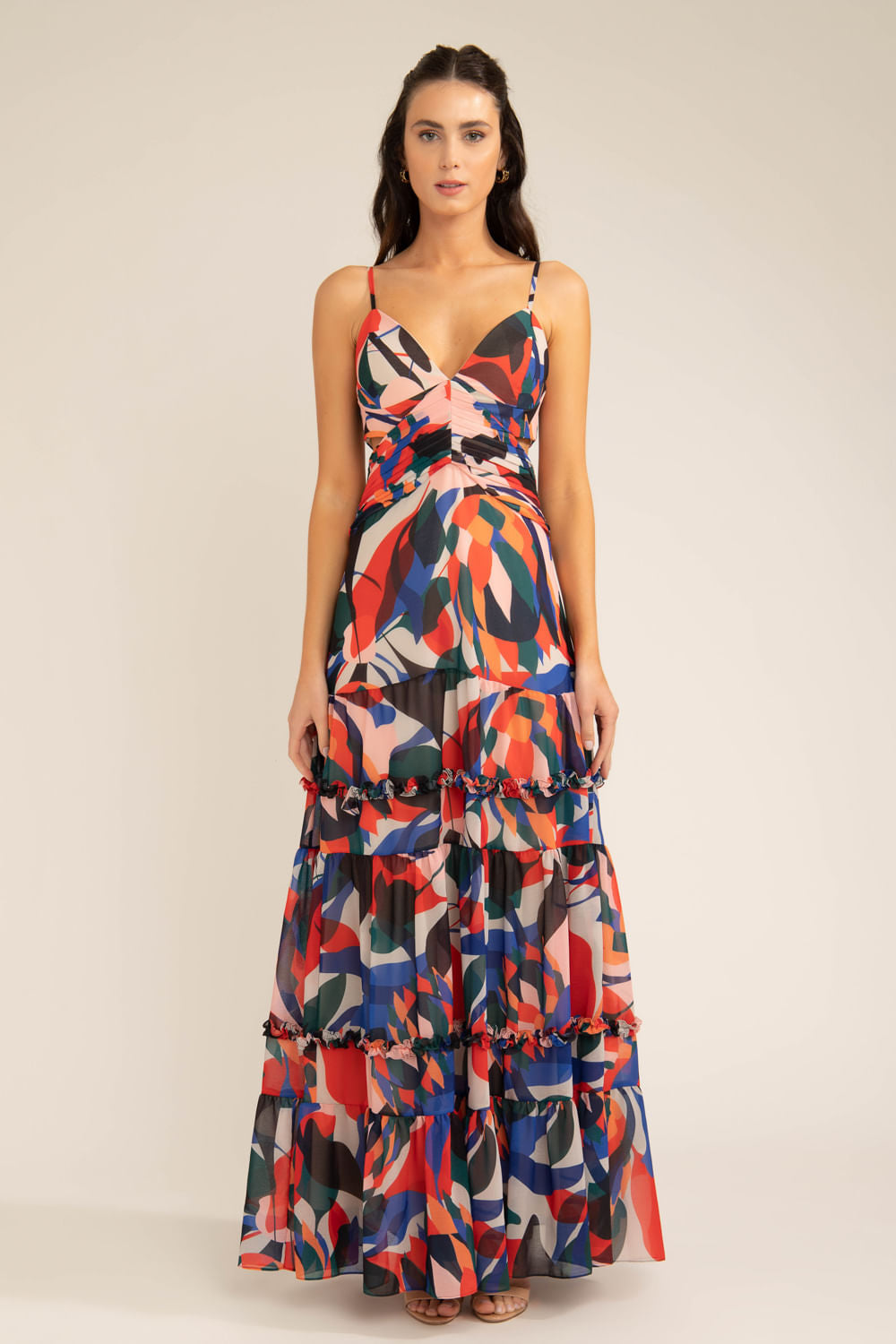 VESTIDO LONGO PREGAS  PROTEA VERMELHO