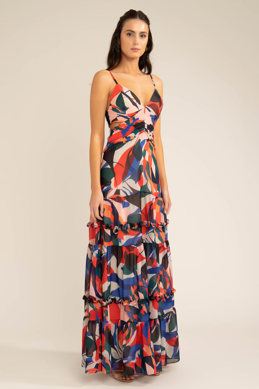 VESTIDO LONGO PREGAS  PROTEA VERMELHO
