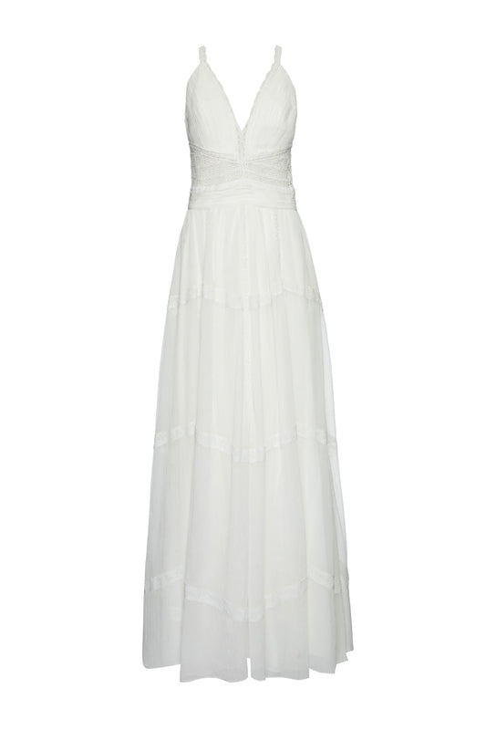 VESTIDO LONGO ENTREMEIO SILKY PLISSÊ OFF WHITE