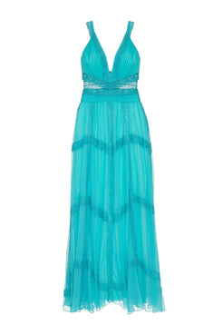 VESTIDO LONGO ENTREMEIO SILKY PLISSÊ AZUL TURQUESA