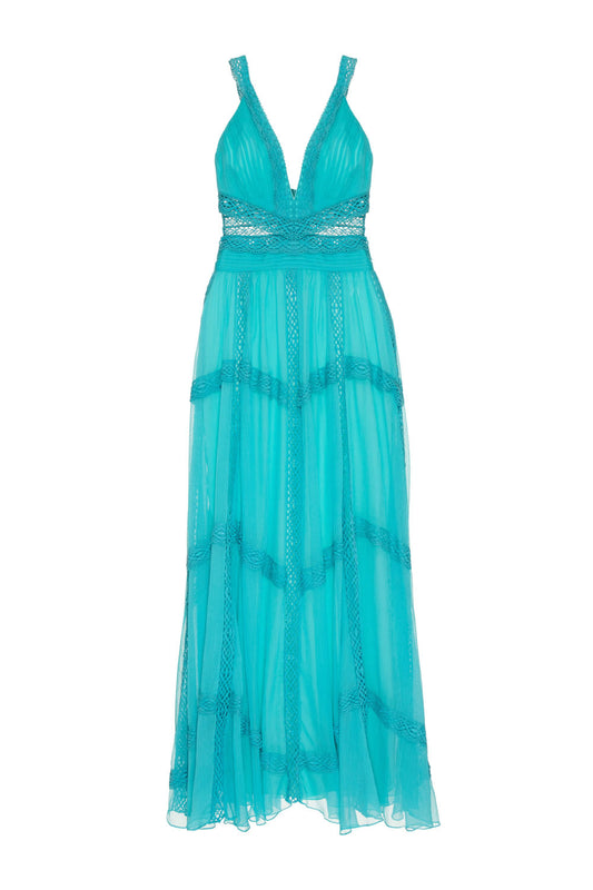 VESTIDO LONGO ENTREMEIO SILKY PLISSÊ AZUL TURQUESA