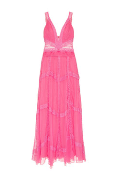 VESTIDO LONGO ENTREMEIO SILKY PLISSÊ ROSA