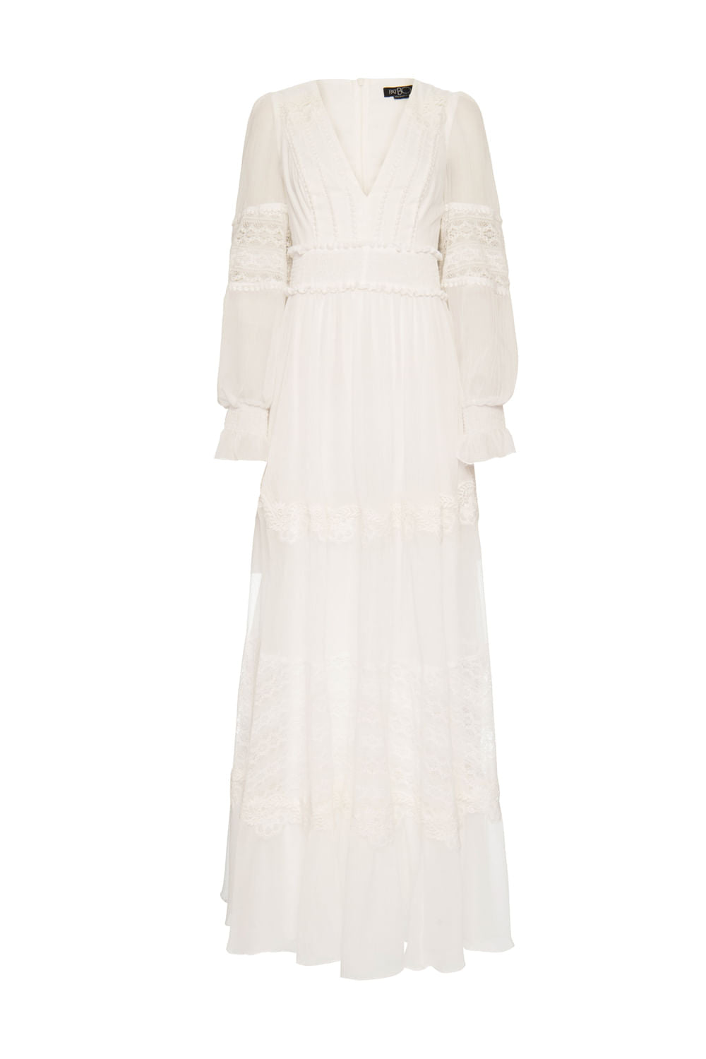 VESTIDO LONGO MANGA RENDA SILKY PLISSÊ OFF WHITE
